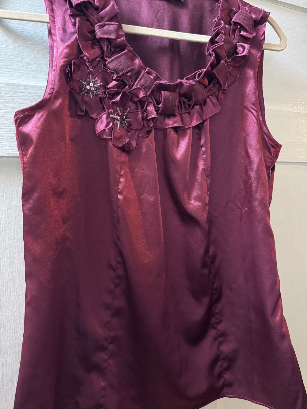Tahari Satin Ruffle Neck Sleeveless Top - Plum
